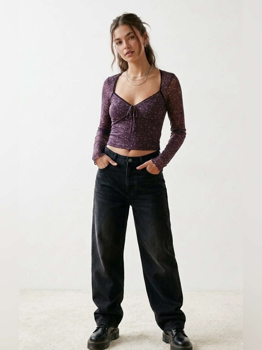 Urban Outfitters Floral Mesh Long Sleeve Milkmaid Cropped Top
